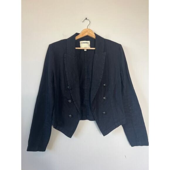 NEW L'agence Wayne Crop Double Breasted Linen Jacket Black Size: Medium - Picture 2 of 7
